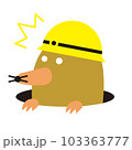 動物カラーイラスト：左向きのヘルメットをかぶったモグラ（驚き、白目、背景白、輪郭線なし） 103363777