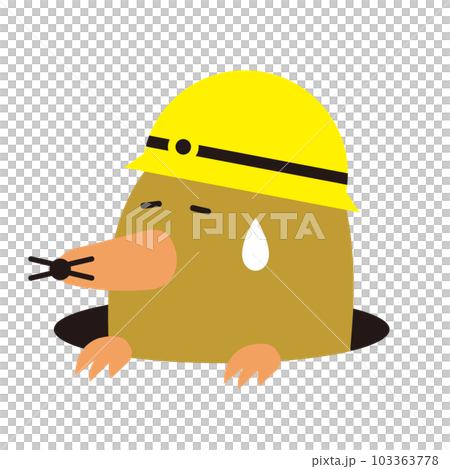 Animal color illustration: Mole wearing a helmet facing left (tired, sweaty, resting, white background, no outline) Animal color illustration: Mole wearing a helmet facing left (tired, sweaty, resting, white background, no outline) 103363778