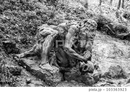 Hermit Onufrius baroque sculpture by Matthias Bernard Braun. Part of Brauns Bethlehem near Kuks, Czech Republic. Black and white photography. 103363923