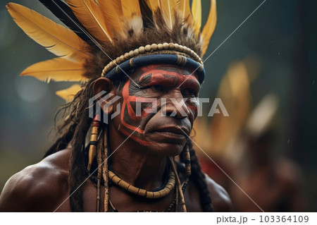 Portrait of indigenous tribe man. Native american people. Generative AI Portrait of indigenous tribe man. Native american people. Generative AI 103364109