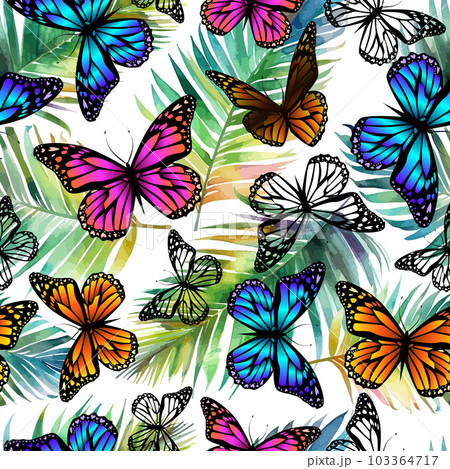 Watercolor tropical palm leaves seamless pattern with butterflies. Vector illustration. Watercolor tropical palm leaves seamless pattern with butterflies. Vector illustration. 103364717