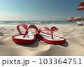 Red flip flops on the sandy beach by the sea. 3d rendering - AI content 103364751