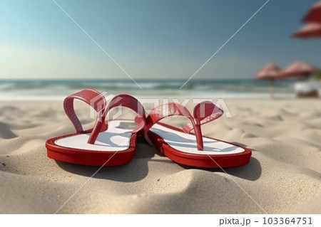 Red flip flops on the sandy beach by the sea. 3d rendering - AI content Red flip flops on the sandy beach by the sea. 3d rendering - AI content 103364751