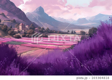 Lavender landscape mountain. Nature flower field. Generate AI 103364818