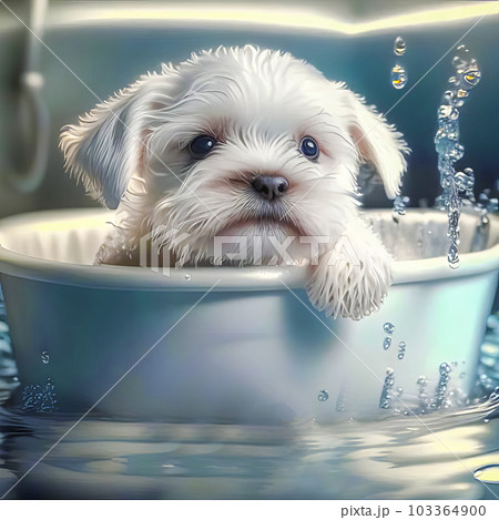 Cute cheerful puppy looking like a toy bathes in a bowl of foam Cute cheerful puppy looking like a toy bathes in a bowl of foam 103364900