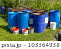 Metal water barrels for watering the garden. 103364938