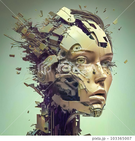 Futuristic robot - woman, destruction and fragility. Generative AI 103365007