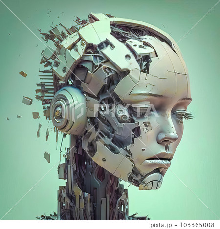 Futuristic robot - woman, destruction and fragility. Generative AI 103365008
