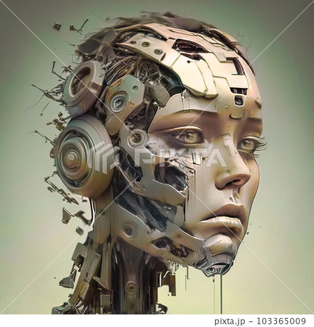 Futuristic robot - woman, destruction and fragility. Generative AI 103365009