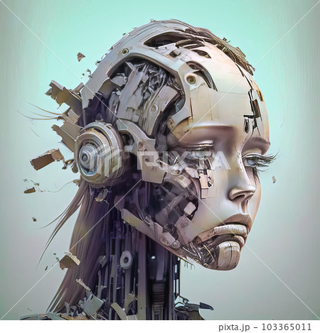 Futuristic robot - woman, destruction and fragility. Generative AI 103365011