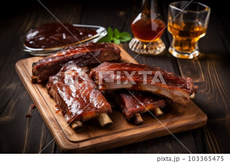 Grilled ribs bbq. Fire pork beef. Generate Ai 103365475