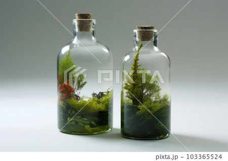 Glass bottle with green ecosystem decor. Light design. Generate Ai Glass bottle with green ecosystem decor. Light design. Generate Ai 103365524
