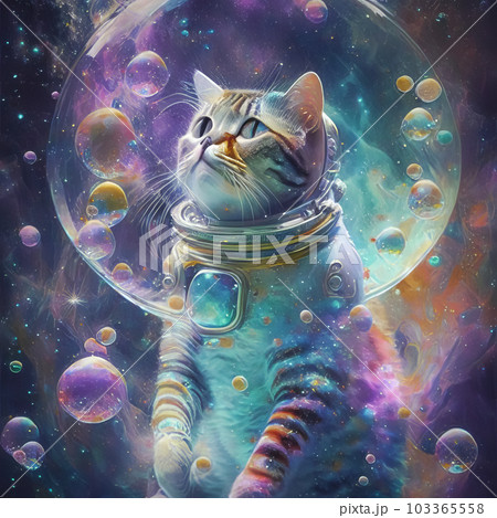 An image of an astronaut cat in a colorful galaxy of bubbles on another planet. An image of an astronaut cat in a colorful galaxy of bubbles on another planet. 103365558