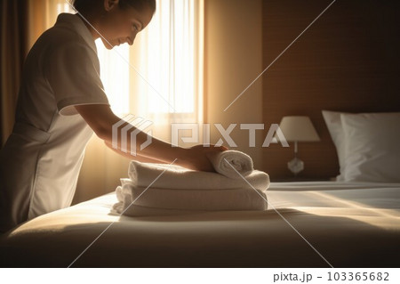 Female housekeeper clean towel. Staff care. Fictional person. Generate Ai Female housekeeper clean towel. Staff care. Fictional person. Generate Ai 103365682