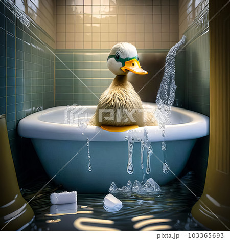 A cute duck bathes in soapy foam and bubbles in the bathroom A cute duck bathes in soapy foam and bubbles in the bathroom 103365693