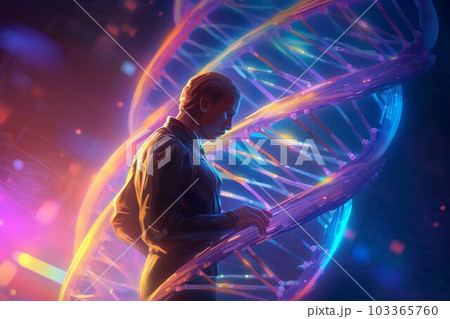 Dna molecule in neon light. Man science. Fictional person. Generate Ai 103365760