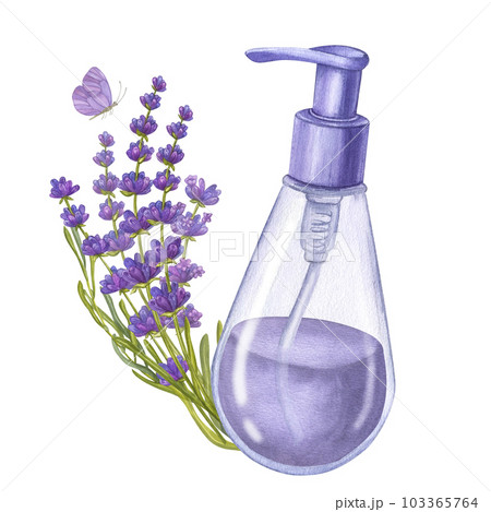 Lilac cosmetic lavender essential oil, dispenser glass bottle. Hand draw watercolor illustration isolated on white background. Cosmetology, aromatherapy. Beauty skincare product packaging 103365764