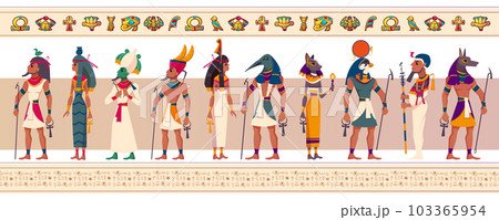 Set of ancient Egyptian gods and goddesses with religious symbols Set of ancient Egyptian gods and goddesses with religious symbols 103365954