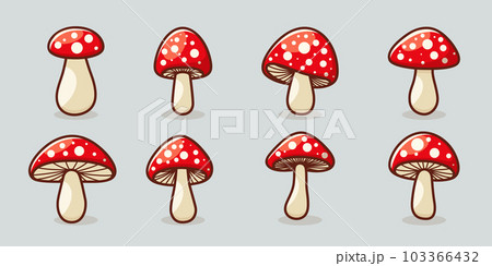 Vector Flat Mushroom Icon Set Isolated. Amanita Muscaria, Fly Agaric Sign, Mushrooms Collection. Magic Mushroom Symbol, Design Template. Vector illustration Vector Flat Mushroom Icon Set Isolated. Amanita Muscaria, Fly Agaric Sign, Mushrooms Collection. Magic Mushroom Symbol, Design Template. Vector illustration 103366432