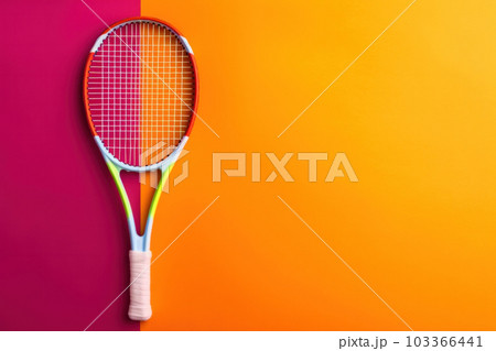 Tennis racket on vivid shades background with copy space 103366441