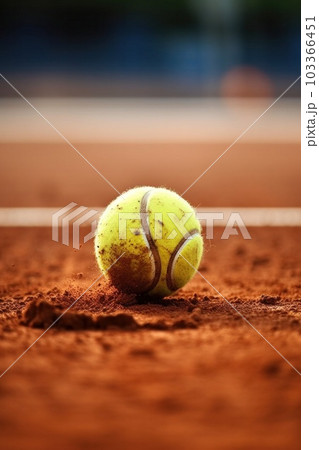 The moment the tennis ball hits the ground clay on the court 103366451
