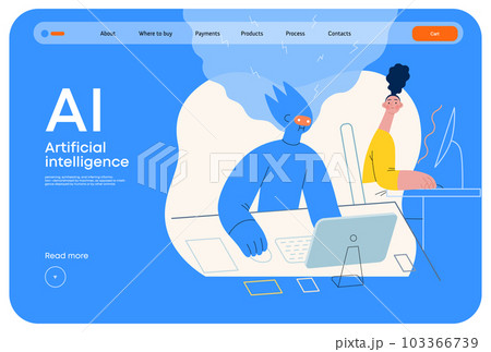 Artificial intelligence, office work -modern flat vector concept illustration of AI effectively working at the desk and surprised human. Metaphor of AI advantage, superiority and dominance concept Artificial intelligence, office work -modern flat vector concept illustration of AI effectively working at the desk and surprised human. Metaphor of AI advantage, superiority and dominance concept 103366739