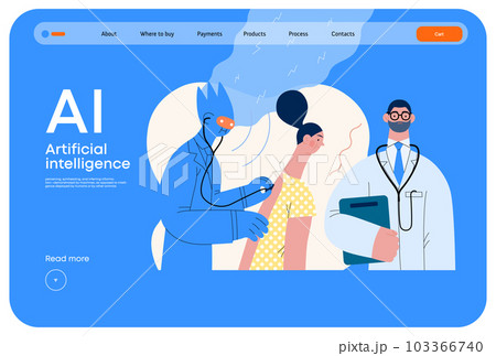 Artificial intelligence, Medicine -modern flat vector concept illustration of AI auscultating patient with stethoscope. Human doctor nearby. Metaphor of AI advantage, superiority and dominance concept Artificial intelligence, Medicine -modern flat vector concept illustration of AI auscultating patient with stethoscope. Human doctor nearby. Metaphor of AI advantage, superiority and dominance concept 103366740