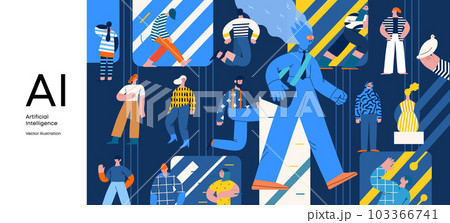 Artificial intelligence, AI and humanity -modern flat vector concept illustration of AI character walking among people in everyday life. Metaphor of AI advantage, benefit, friendliness concept 103366741