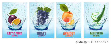 Set of labels with fruit and vegetables drink. Fresh fruits juice splashing together- passion fruit, grape, apricot, aloe vera in water drink splashing. 3d fresh fruits. Vector illustration. 103366757