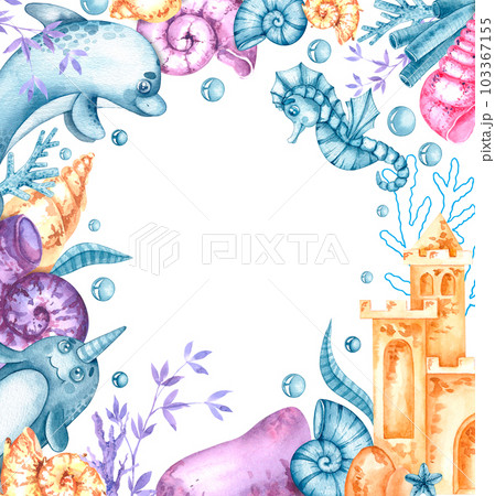 Watercolor frame with marine life, sand castle, seashells, corals on a white background Watercolor frame with marine life, sand castle, seashells, corals on a white background 103367155