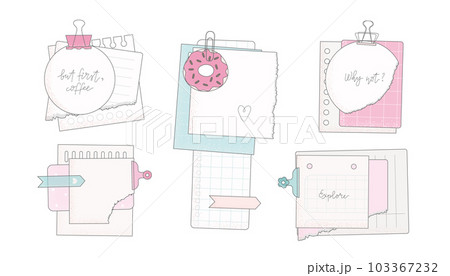 Stickers, note papers, planner doodles vector illustrations collection. Linear set for diary, notepad. 103367232