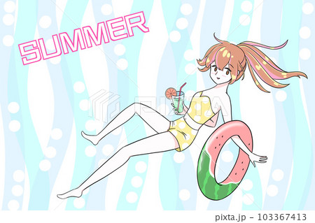水着を着た女の子　浮き輪を持った女の子　涼し気　夏休みを連想する素材　イラスト　手描き　夏祭り 103367413