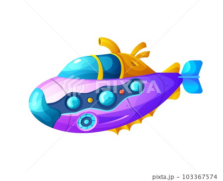 Cartoon submarine with periscope or bathyscaphe boat, vector underwater sea ship. Sub marine toy for ocean fantasy game, undersea submarine or cartoon underwater ship with portholes and propeller Cartoon submarine with periscope or bathyscaphe boat, vector underwater sea ship. Sub marine toy for ocean fantasy game, undersea submarine or cartoon underwater ship with portholes and propeller 103367574