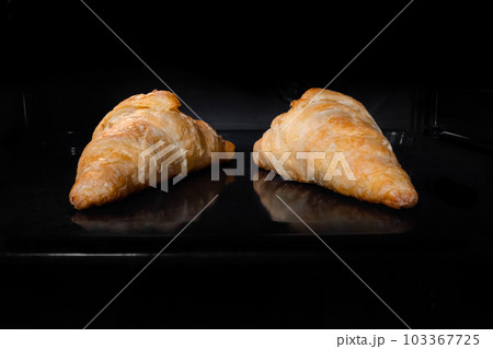 Two baked homemade croissants on tray in electric oven at home 103367725