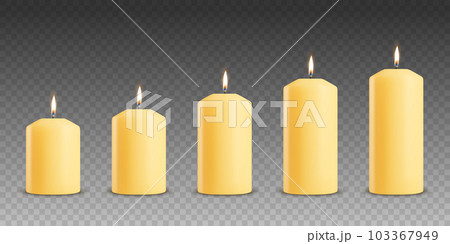 Vector 3d Realistic Yellow, Orange Paraffin Wax Burning Party, Spa Candle Set with Flame of a Candle, Isolated. Different Size Collection. Design Template, Front View Vector 3d Realistic Yellow, Orange Paraffin Wax Burning Party, Spa Candle Set with Flame of a Candle, Isolated. Different Size Collection. Design Template, Front View 103367949