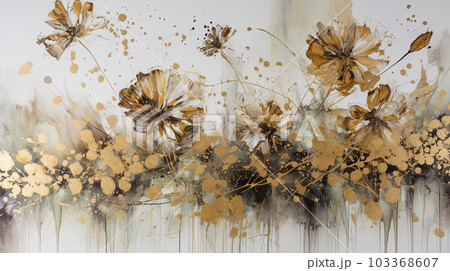 Abstract floral oil painting. Golden flower burst on white background. Generative AI Abstract floral oil painting. Golden flower burst on white background. Generative AI 103368607