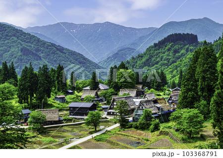 富山県　五箇山　相倉合掌造り集落　相倉展望台からの風景　世界遺産 103368791