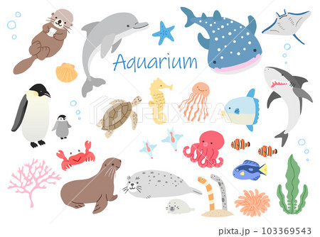 水族館にいるかわいい生き物たちのイラストセット　 103369543