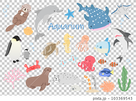 水族館にいるかわいい生き物たちのイラストセット　 103369543