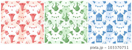 Set of Happy Islamic New Year Seamless Pattern Design Flat Illustration with Muslims Elements in Template Hand Drawn 103370751