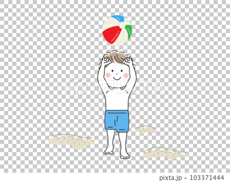 一個男孩在沙灘上玩沙灘球的插圖 103371444