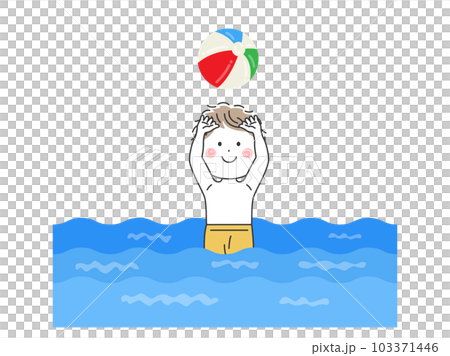 一個男孩在海裡玩沙灘球的插圖 103371446