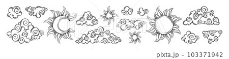 Tarot sun and moon esoteric set. Engraved tarot elements with celestial and antique symbols. Vector illustration 103371942