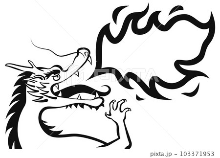 龍が吹いている火が吹き出しになっている白黒の線画イラスト 龍が吹いている火が吹き出しになっている白黒の線画イラスト 103371953