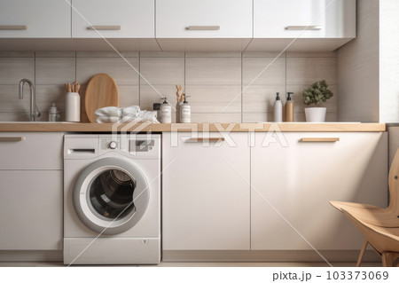 Sleek and modern laundry room design with a front load washer and dryer set for efficient cleaning. Powered by AI Generative technology. Sleek and modern laundry room design with a front load washer and dryer set for efficient cleaning. Powered by AI Generative technology. 103373069