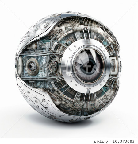 Robotic eye with metallic details and glowing circuitry, representing the intersection of technology and biology. AI Generative. 103373083