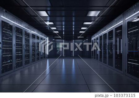 Modern data center with rows of server racks stretching down a long hallway for secure data storage and processing, AI Generative. 103373115