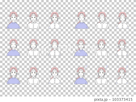 Casual fashion woman facial expression set (bust-up, pink x blue, vector) 103373415