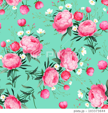 Contemporary floral print with peonies and small garden flowers on field for digital background and textile in vintage style ,ornate vector template Contemporary floral print with peonies and small garden flowers on field for digital background and textile in vintage style ,ornate vector template 103373644