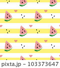 Vector illustration: seamless pattern with cone red watermelon slices on yellow striped background 103373647
